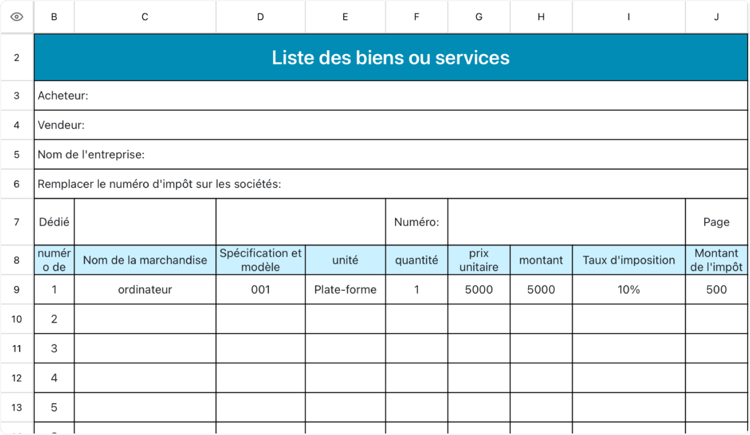 Liste des biens ou services